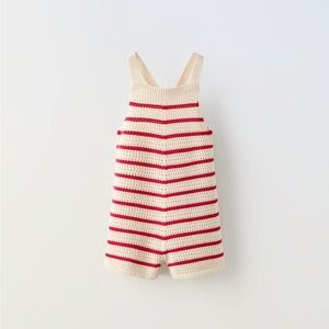 Zara knitwear crochet romper overalls striped 4 years red ivory